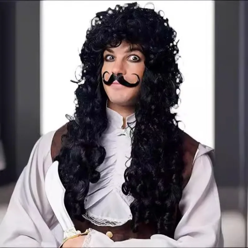 Piratenkapitän Herrenperücke Cosplay Langes lockiges Haar Clown Schwarz Halloween Party Spielen Punk Rock Kopfbedeckung Kostüm Requisiten – Detail 1