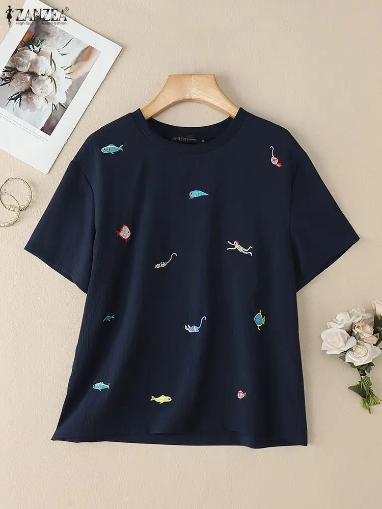 

Женская летняя блузка ZANZEA 2025, винтажные топы с короткими рукавами и вышивкой, женская туника, элегантная рабочая рубашка, повседневная свободная рубашка с круглым вырезом