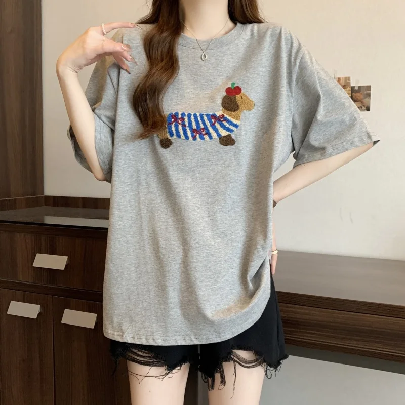 CGC Korean Fashion Cartoon Printing T-shirt 100% Cotton Short Sleeve Tees Casual Summer Tops Female Loose Oversized T-shirt