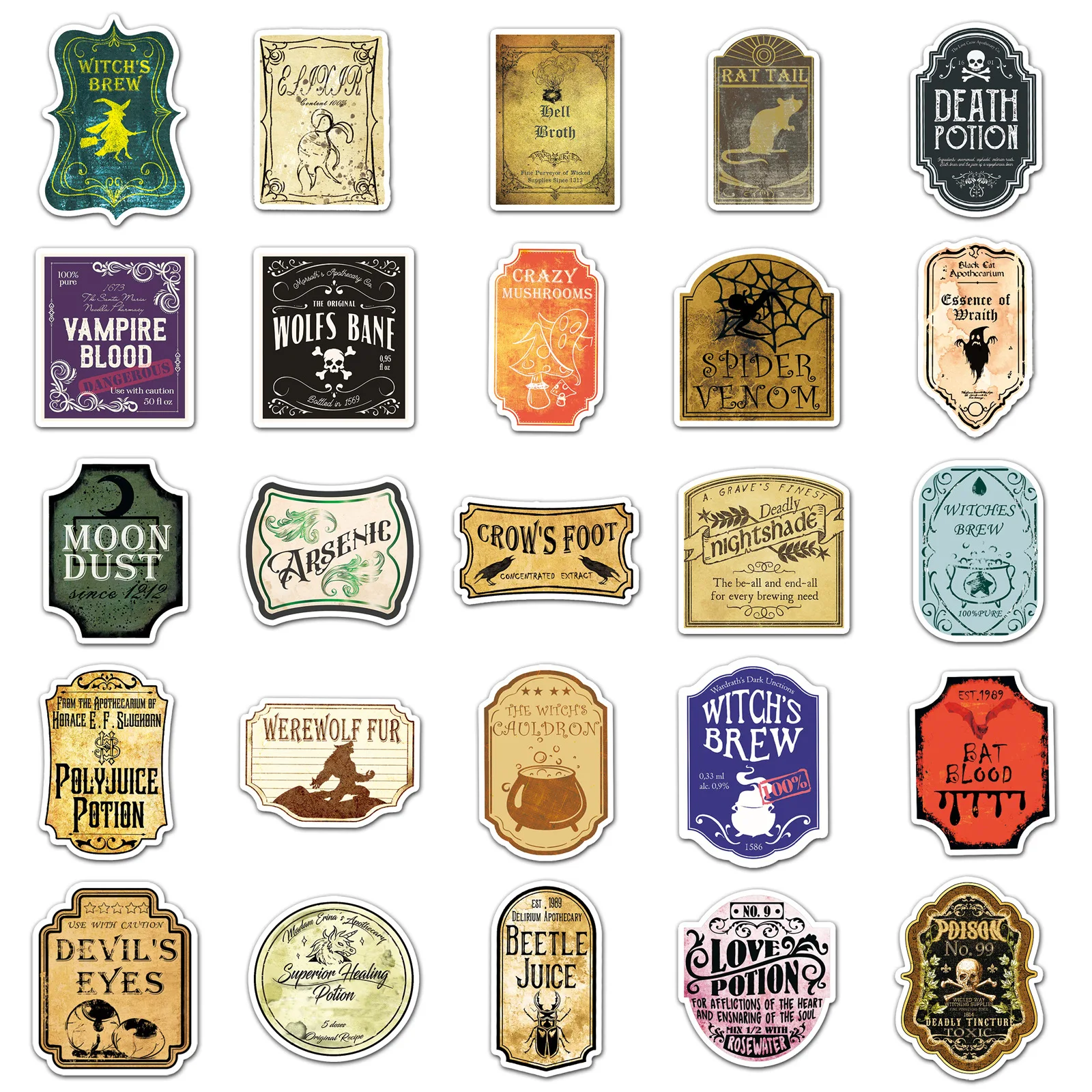 50PCS 마법 물약 만화 스티커 레트로 스타일 그래피티 고딕 장식 DIY 장난감 냉장고 노트북 기타 자전거 스케이트보드 데칼