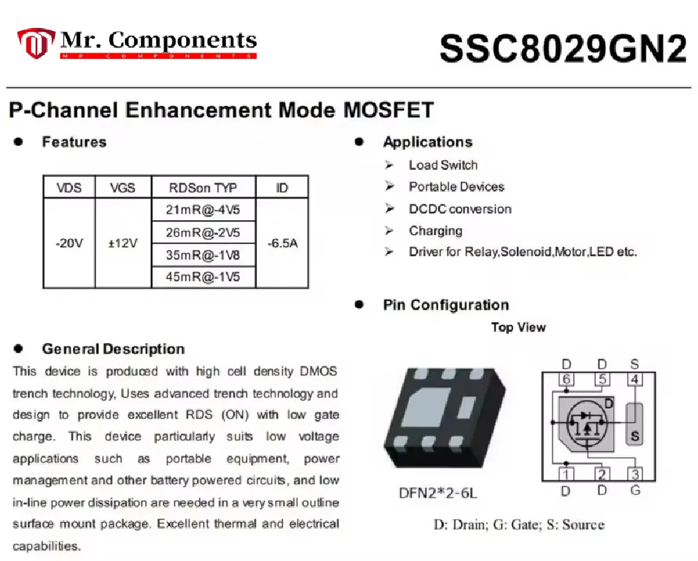 10PCS SSC8029GN2 DFN2X2-6L （Marking：8029） P-Channel Enhancement Mode MOSFET New In stock