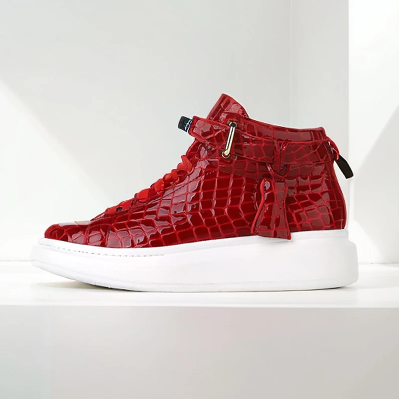 

Mid-Top Sneakers Men Alligator Pattern Round Toe Lock Decoration Lace Flats Glossy Cow Leather Casual Shoes