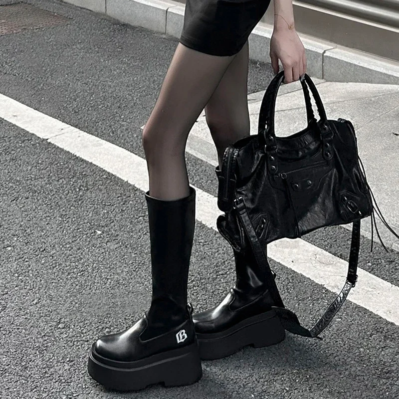 Platform Thick Heel Women Knee High Boots Fashion Slip On Slimming Long Booties Autumn Winter Female Increase Shoes