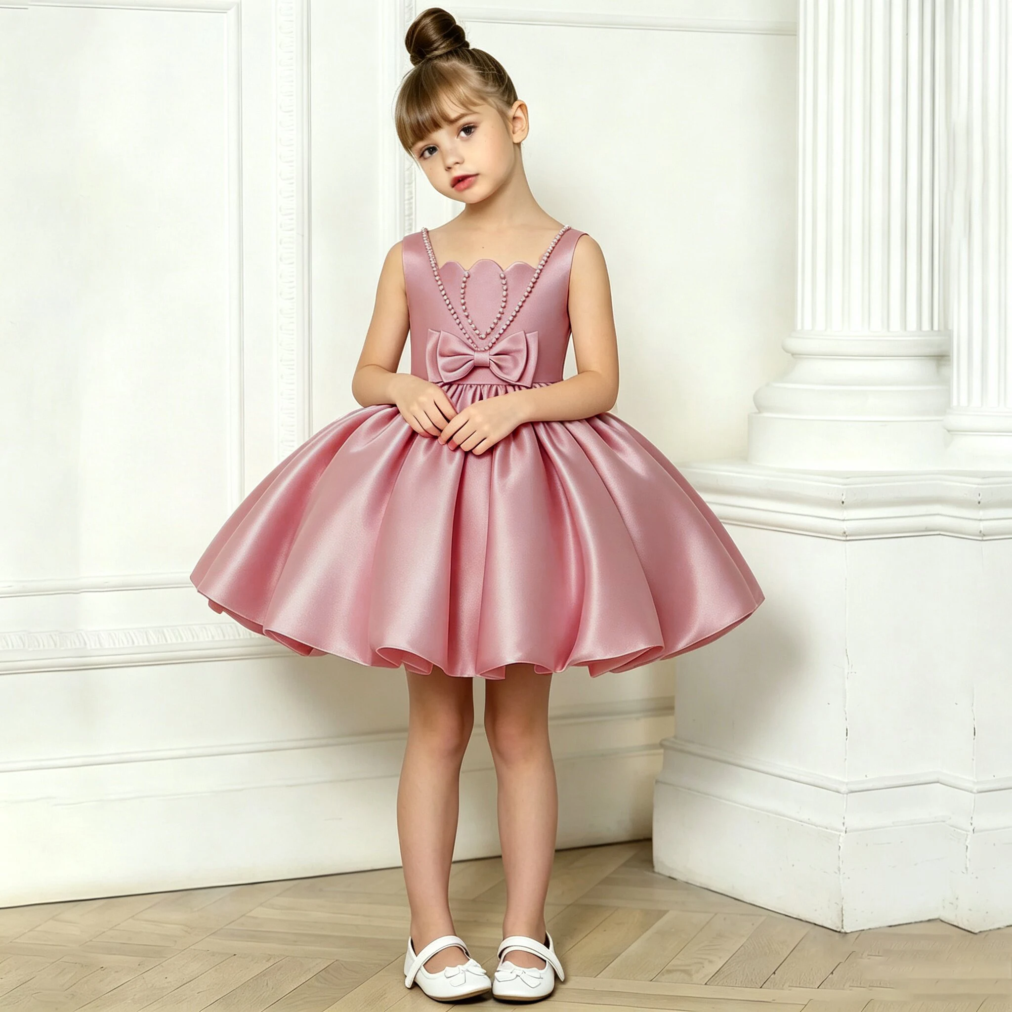 Summer Beading Bridesmaid Girls Dress Elegant Baptism Wedding Party Princess Prom Dresses Girl Bow Birthday Evening Kids Clothes view 3
