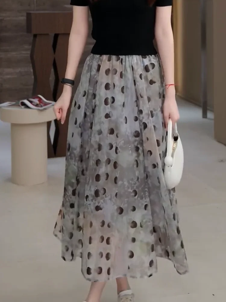 

Повседневная дизайнерская юбка в стиле ретро, универсальная, в пол, 2025 года, новая летняя, свободная, в горошек, А-силуэт, для полных размеров