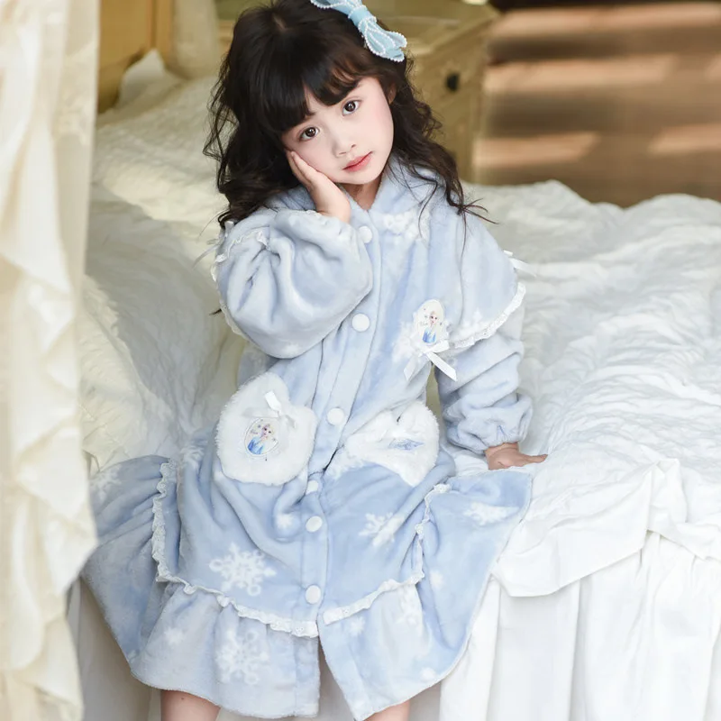 طقم ثوب نوم إلسا من الفلانيل، ملابس نوم الأميرة من الصوف المرجاني للفتيات والأطفال الصغار ملابس شتوية #1