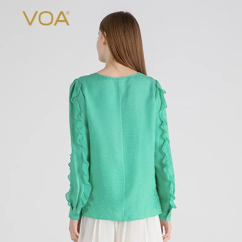 (Fans Exclusive Discount) VOA Jacquard Silk O-neck Long Sleeve Green Tops Ruffle Lace Loose Fashion T-shirt Women Clothes BE1536