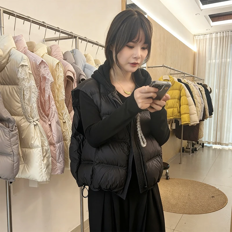 Autumn Winter Knitted Hooded Puff Fluffy Down Vest Female Zipper Sleeveless Waistcoat Women White Duck Down Thicken Warm Vest