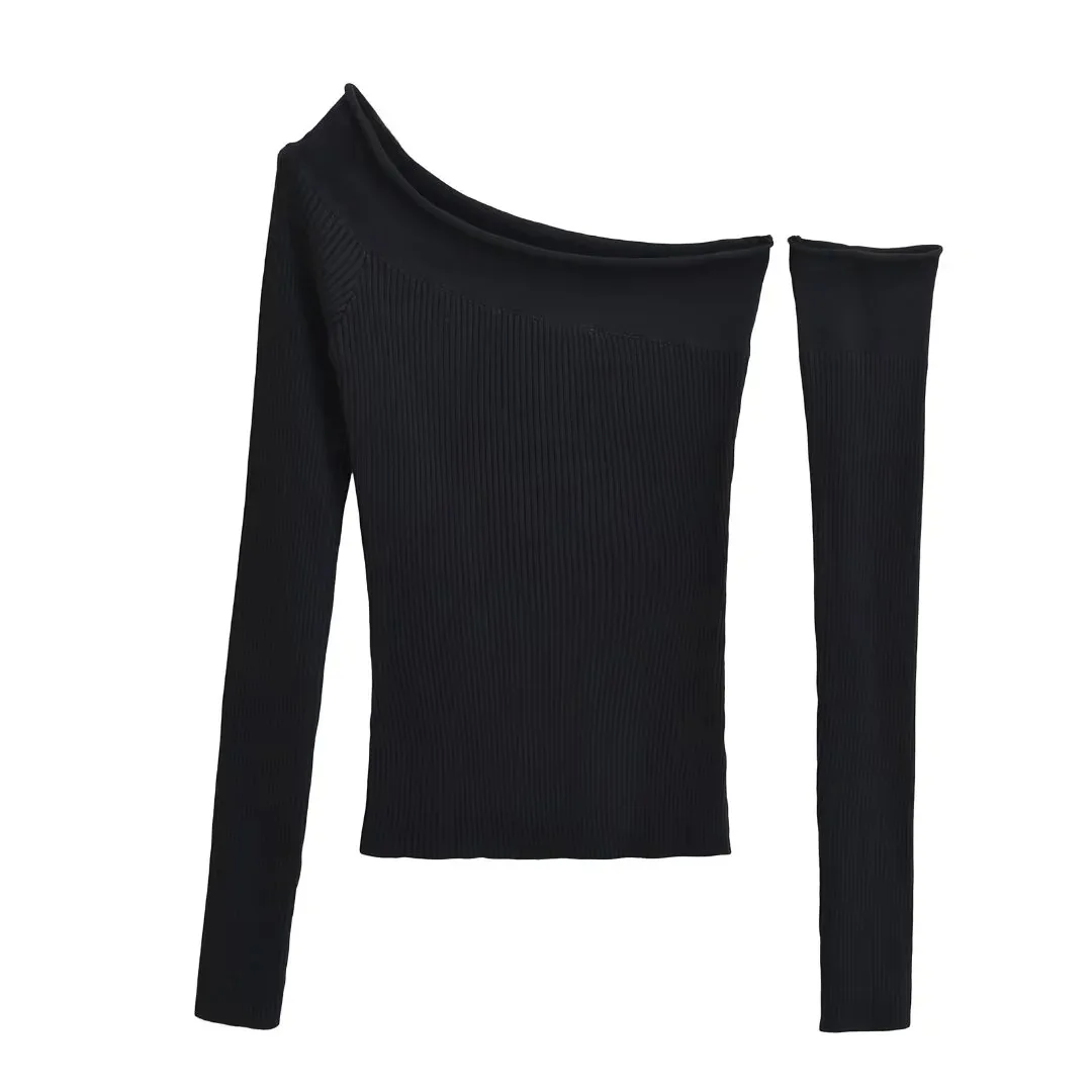 2024 Sexy Slanted Shoulder Internet Celebrity Knitted Sweater Autumn Women's Clothing Off-the-shoulder Irregular Bottoming Shirt