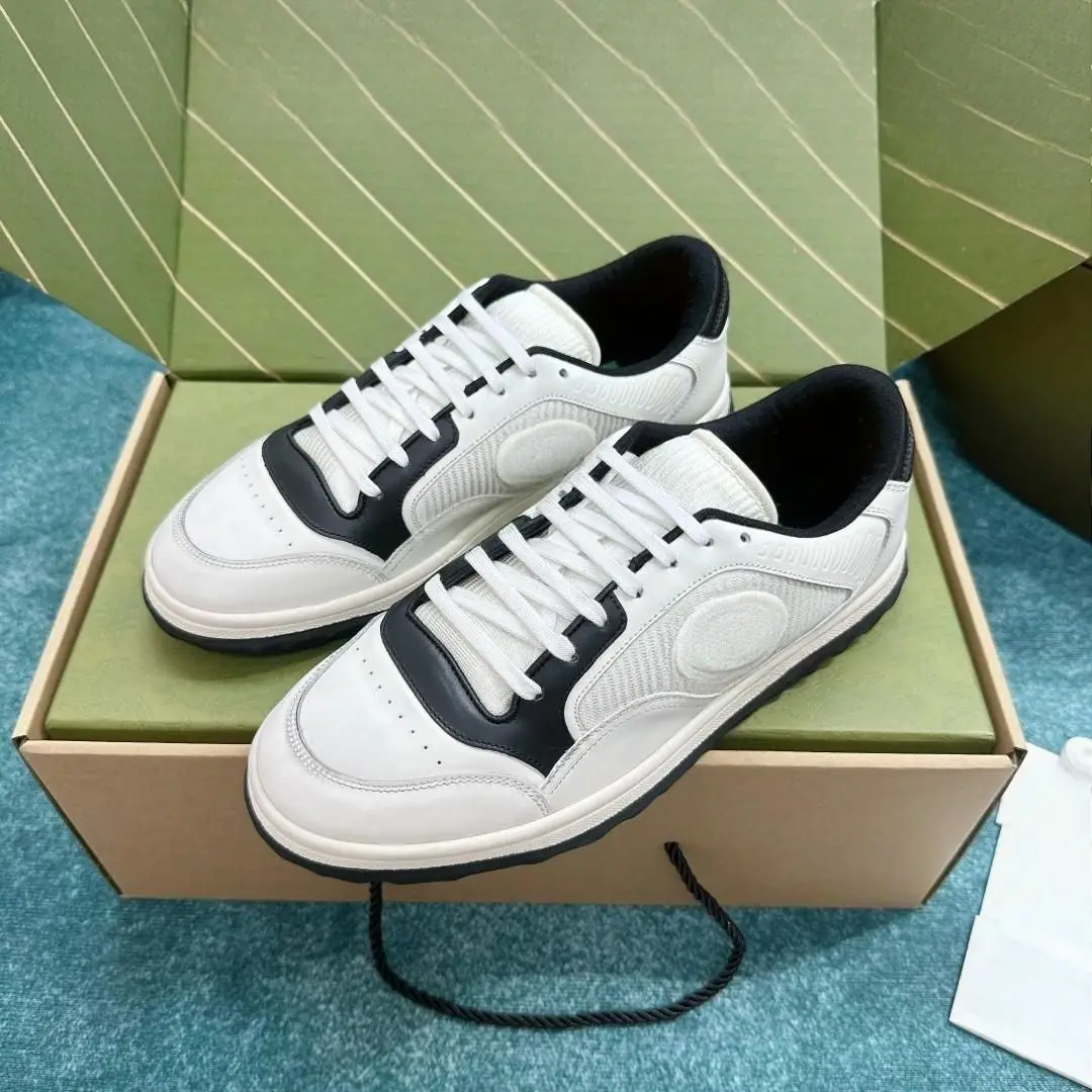 Unisex White Black Patchwork Skate Sneakers, Faux Leather & Knit Upper Lace Up Low Top Thick Sole Street Board Shoes
