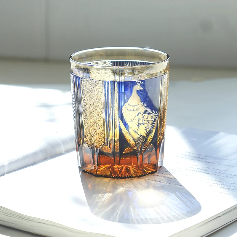 Exquisite Handmade Edo Kiriko Glass Amber Blue color Whisky Drinking Glass Cup 250ml 1PC  with Gift Box