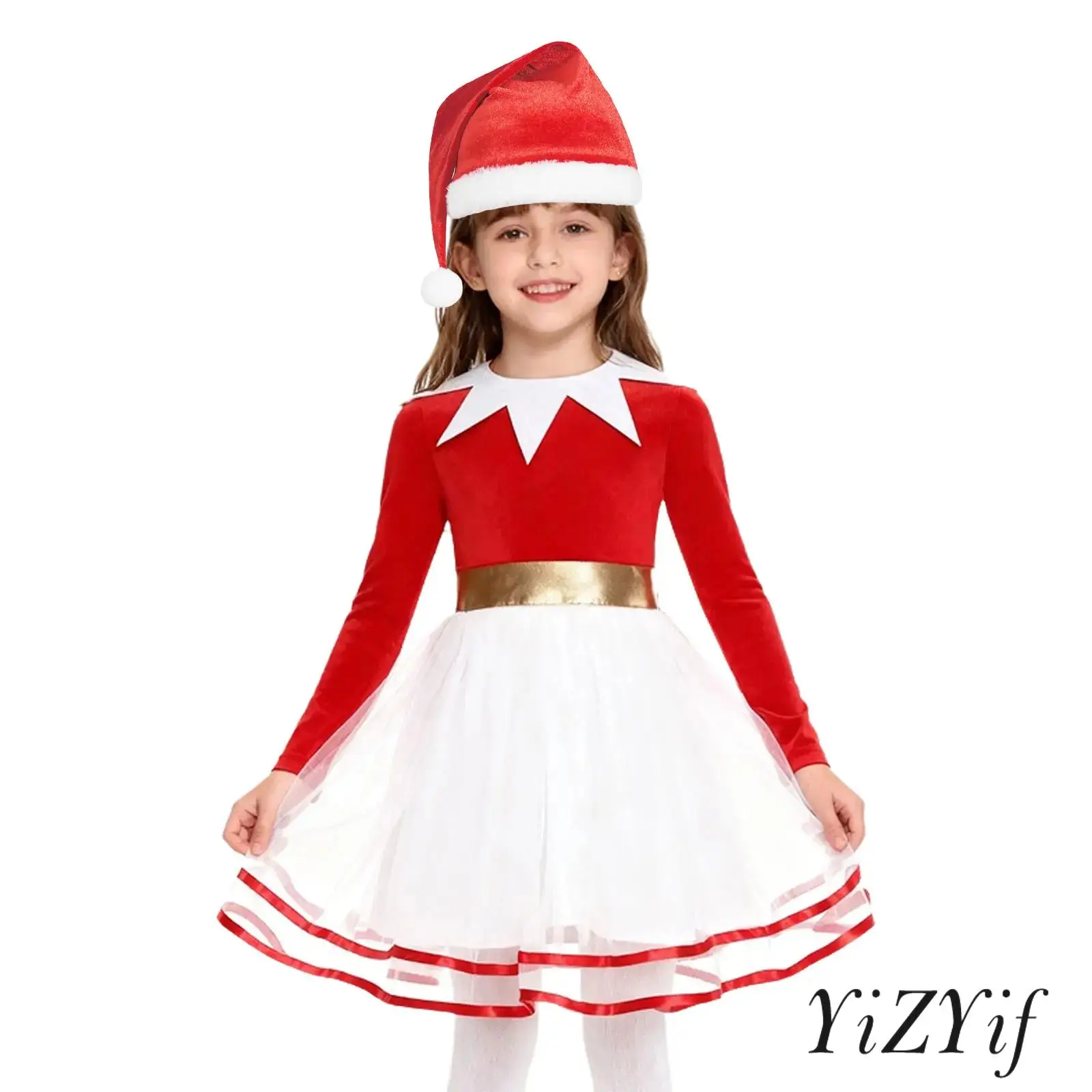 

Kids Girls Christmas Elf Costume Long Sleeves Velvet Bodice Color Block Tulle Dress with Hat for Holiday Theme Party Cosplay