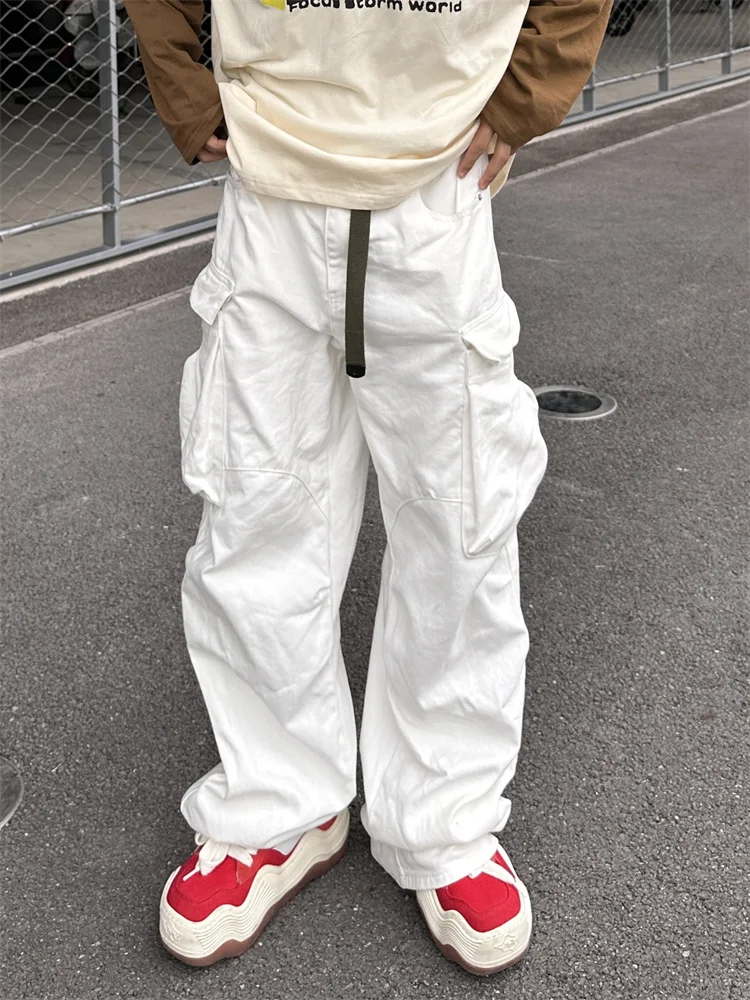 

American Retro Hip Hop Multket White Work Pants Men Women High Street Design Straight Leg Sport Casual Trousers Trendy