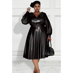 Robe mi-longue en cuir PU à manches longues et col en V, robes noires élégantes, manches lanterne, grande taille, automne, hiver, 03