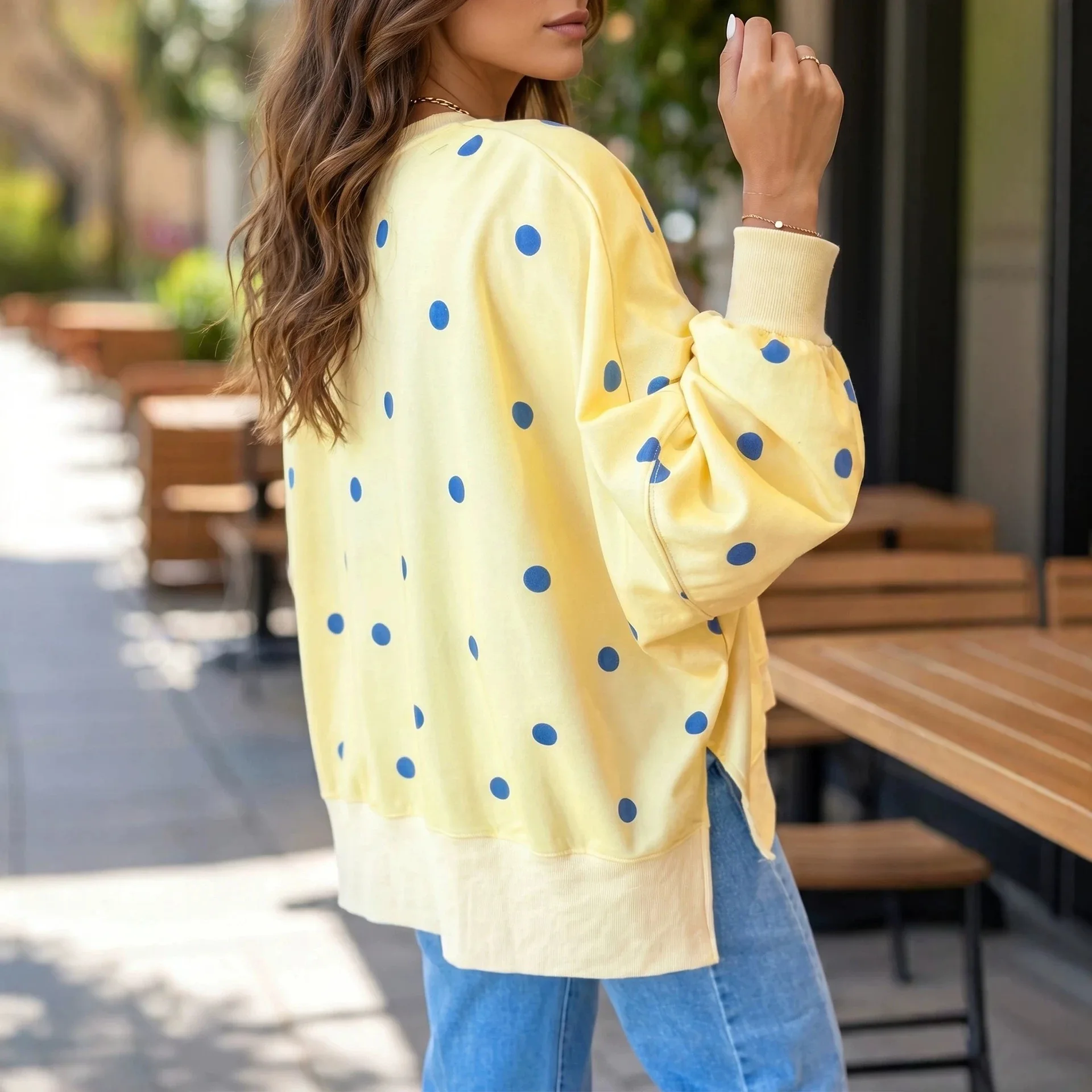 Tiktok 2026 Autumn/winter New Collection: Women's Loose-fit Sweatshirt With Polka Dot. Print And Color Blocking Sexy