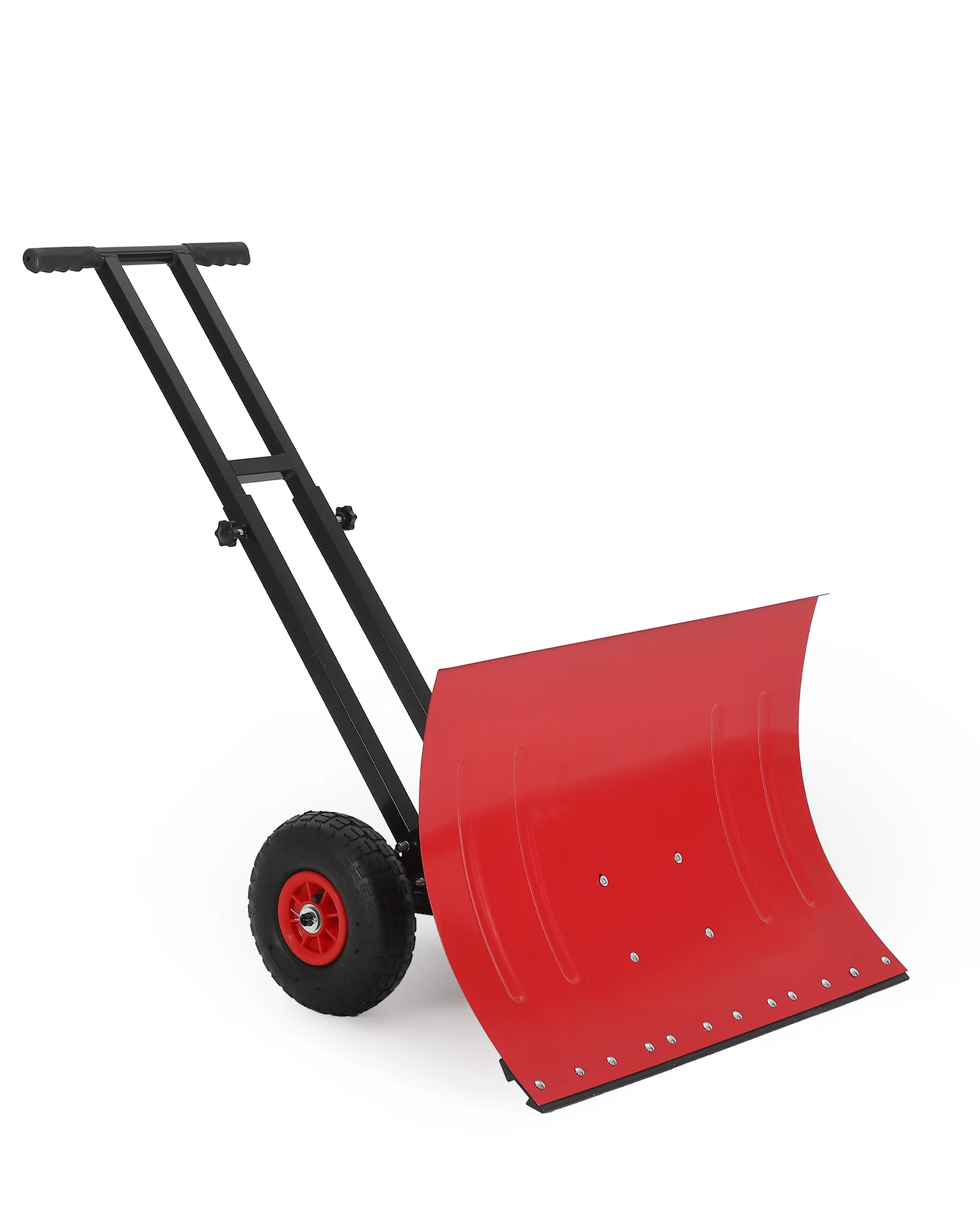 Heavy Duty Metal Snow Shovel with Wheels, 7-Position Adjustable Handle & Blade Angle, Rolling Snow Pusher for Driveway & Sidewalk