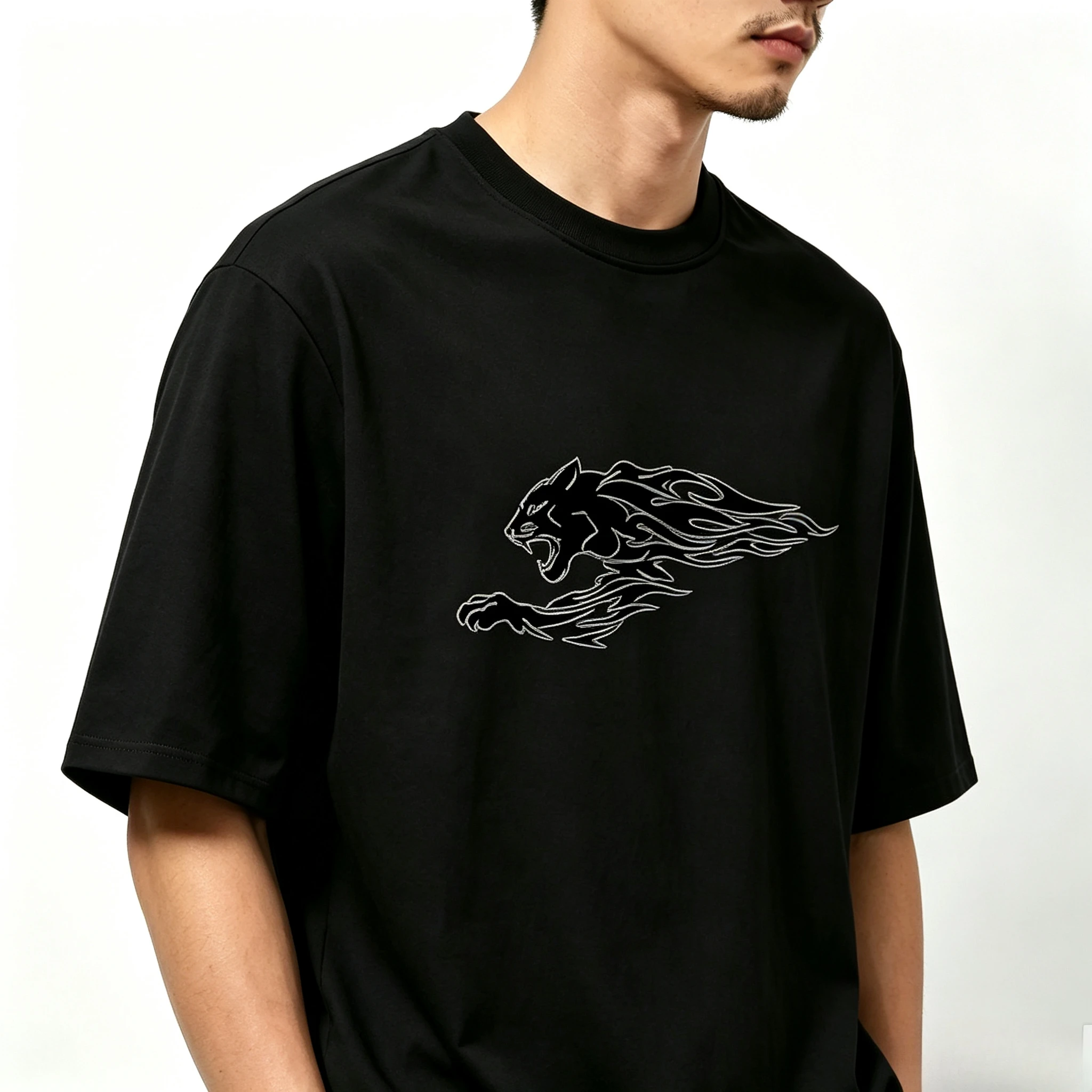 Men's O‑Neck Short Sleeve T‑Shirt, Modal Cool Flame Panther Animal Graphic Print Loose Casual Summer Daily Tops