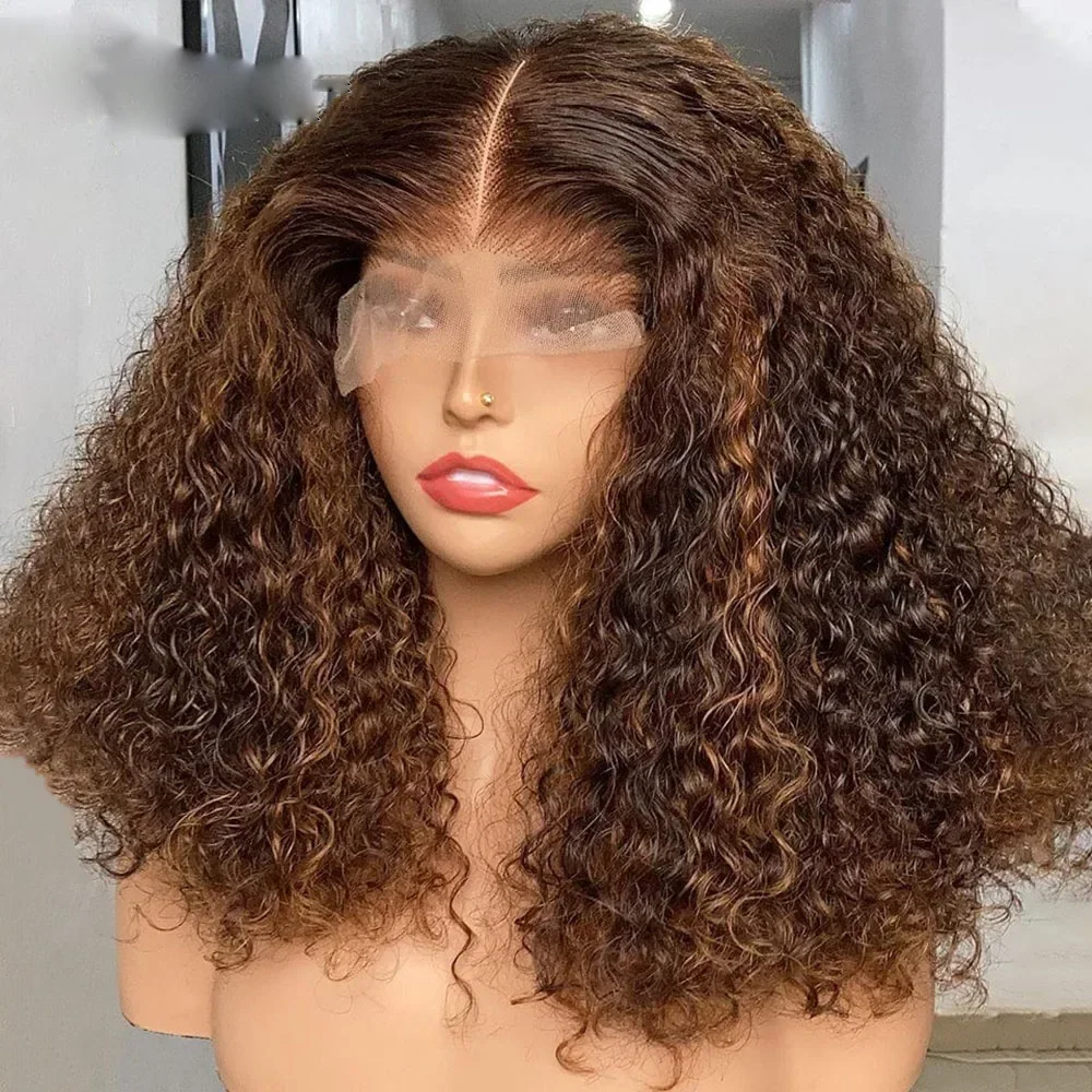 Loira marrom Kinky Curly peruca dianteira do laço para mulheres negras, cabelo macio do bebê, 180 densidade, resistente ao calor, pré-arrancadas, sem cola, longo, 26"