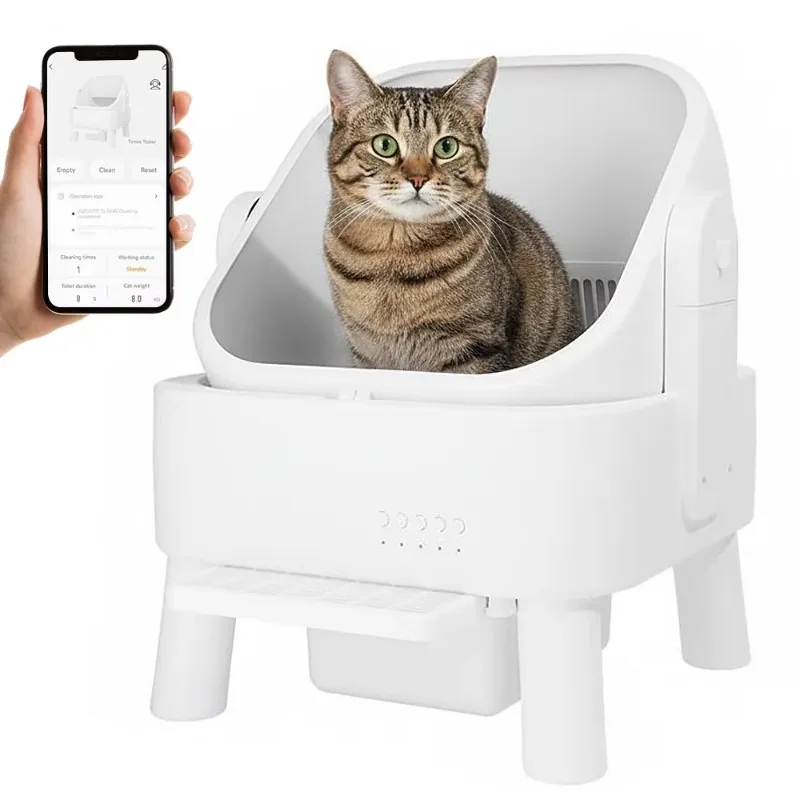 

Smart Plastic Open Top Cat Litter Box with Self Cleaning Automatic Odor Control App & WiFi Large Capacity