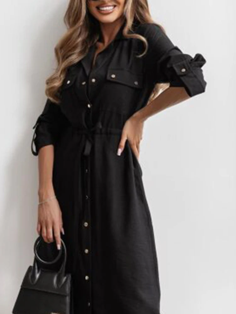 Abito lungo da donna elegante con tasca per pendolari Abito lungo con risvolto monopetto alla moda Abito autunno nuovo abito a trapezio sottile in puro colore vintage