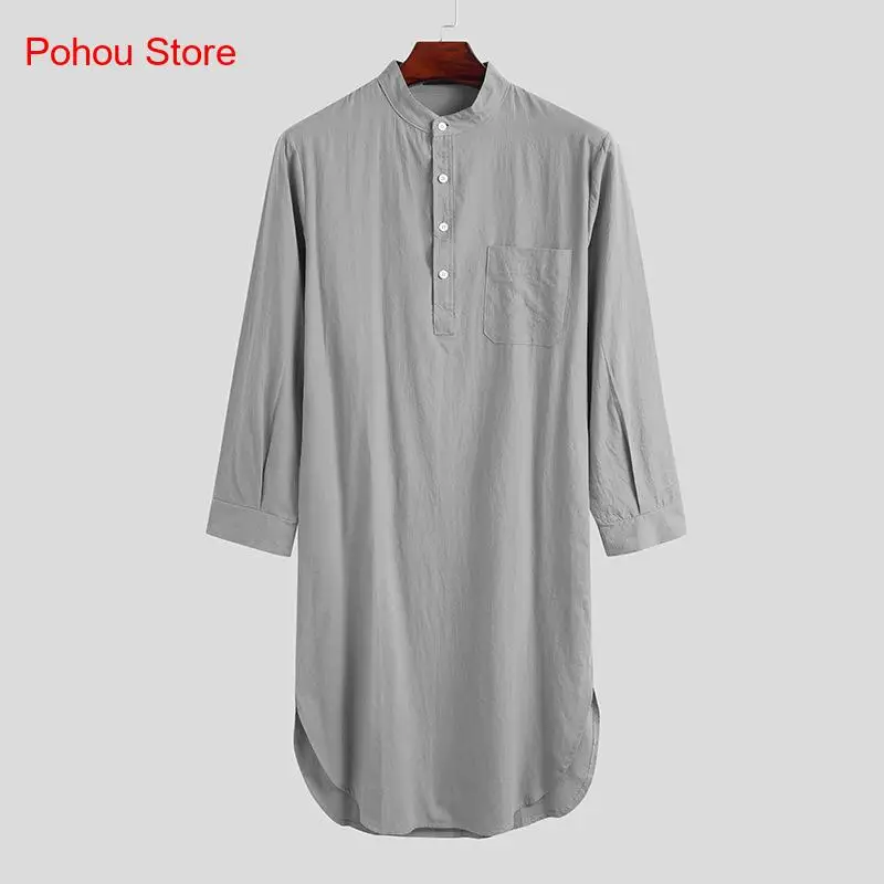 Spring and Autumn Muslim Arab Nightgown Long Sleeved Button Solid Color Shirt Long Robe for Men