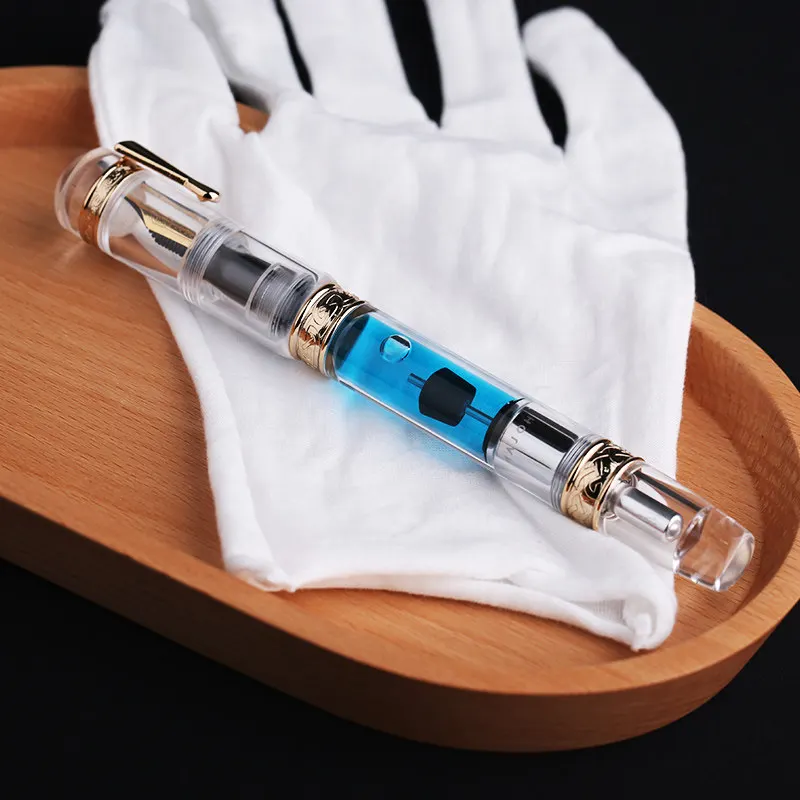 MAJOHN Clear Demonstrator Fountain Pen Vacuum Large Ink Storage Celtic Gold Trim EF/F/M Nib Calligraphy Signature Collectible