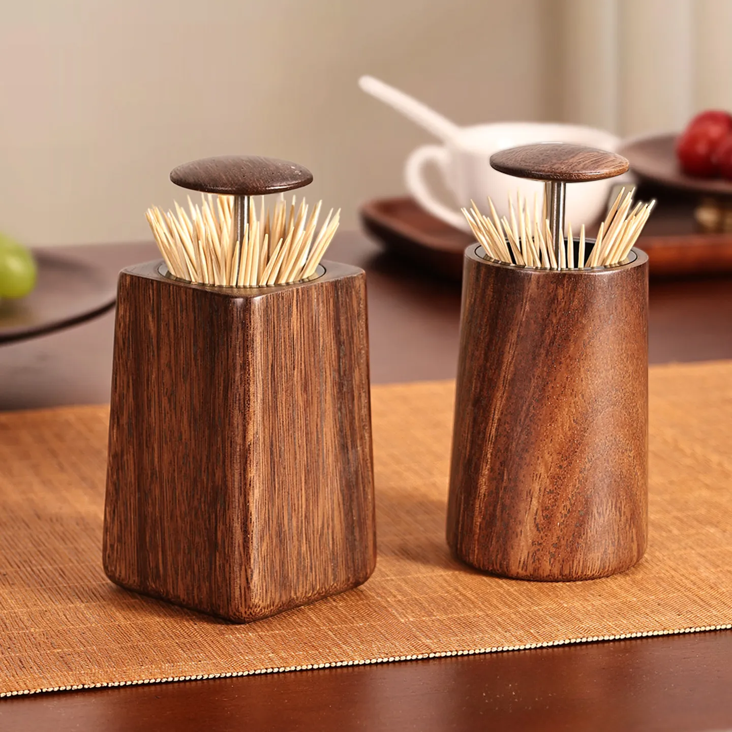 2026 New Walnut Wood Push-Type Automatic Toothpick Dispenser Jar, High-End Press-to-Open Holder for Home Living Room Table.