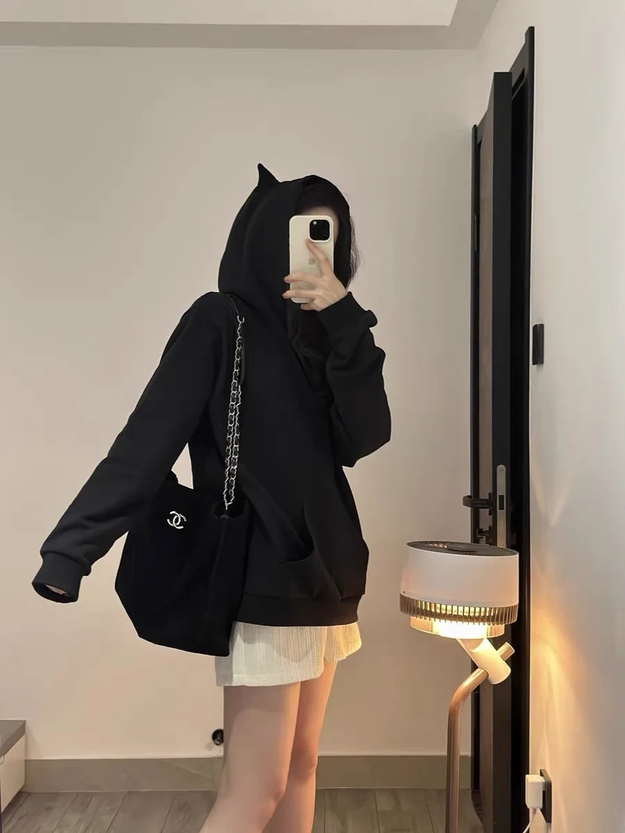 

Sweet Girl Hoodie Anti-Aging Edition Momo Honey Cool Little Devil Long Sleeve Thermal Cotton Blend Casual Streetwear