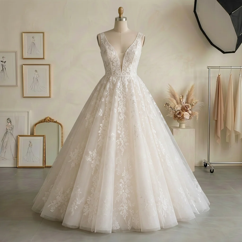 Deep V Neck Sleeveless Lace Ball Gown Wedding Dress with Sheer Illusion Button Back & Train