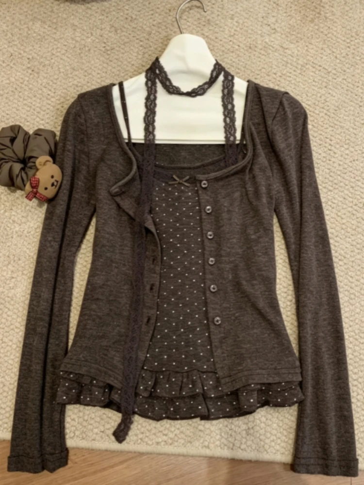 Damen Korean Y2K Harajuku Gyaru 2-teiliges Outfit, Langarm, Slim Fit, Vintage 2000er, Casual Daily Streetwear Oberteile Shirts