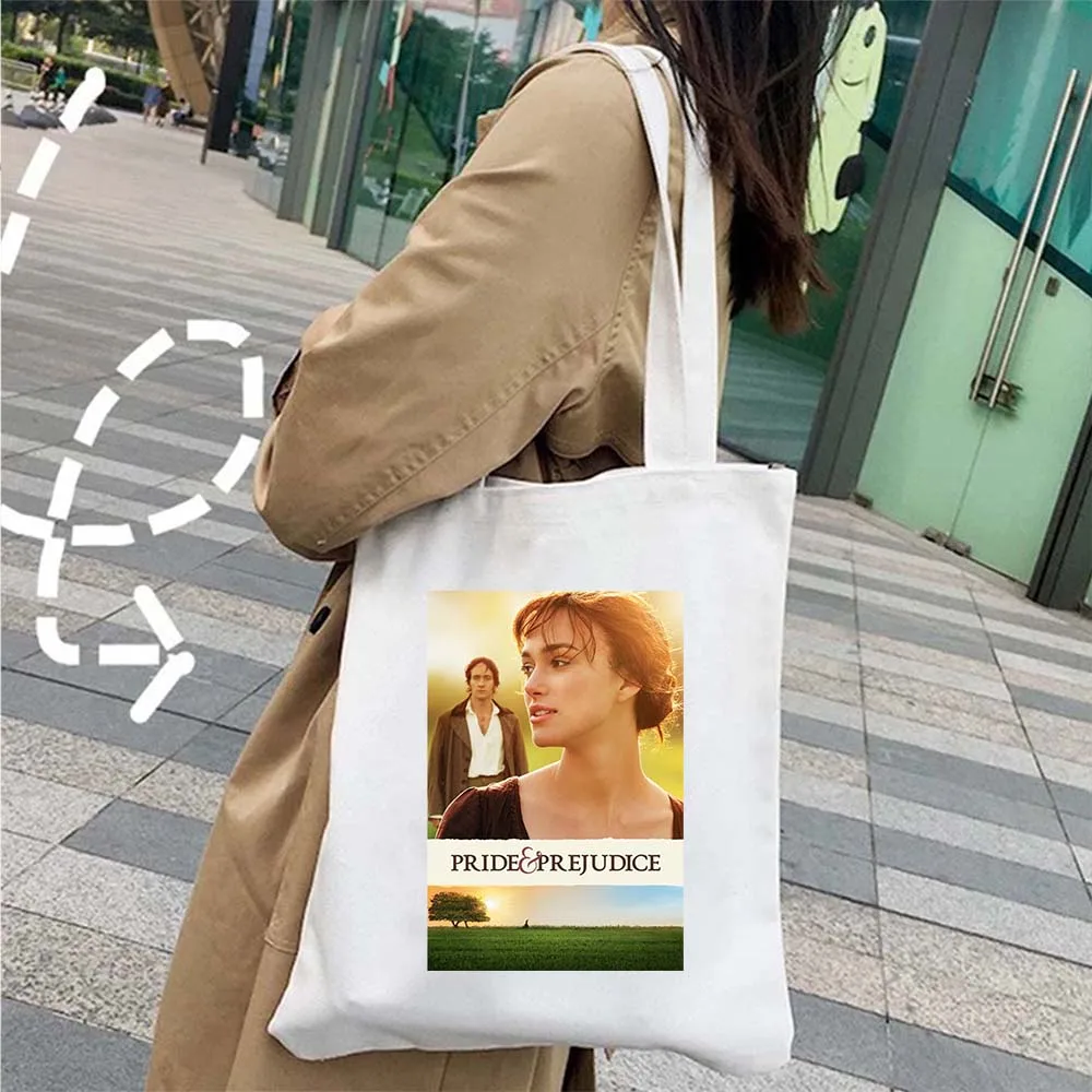 More Pride Less Prejudice Jane Austen Pride Prejudice Elizabeth Darcy Book Bennet Cartoon Shopper Canvas Tote Bag Cotton Handbag