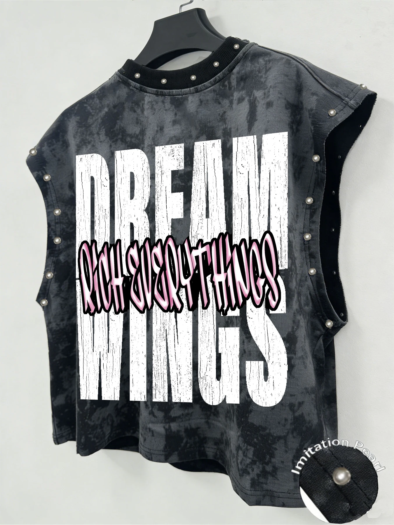 Herren Tanktop mit Batikmuster, ärmelloses Tanktop mit Imitationsperlen, Streetwear-Tanktop, ärmelloses T-Shirt mit grafischem Muster, Herrenweste, Herren-Tanktop – Detail 2