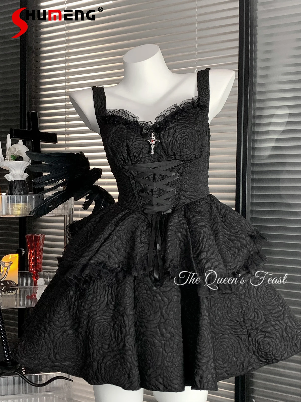 

American Subculture Gothic Dark Sexy Girl Lolita Dress Lace Spliced Sleeveless Lace-up Slim High Waist A-line Black Dress Women