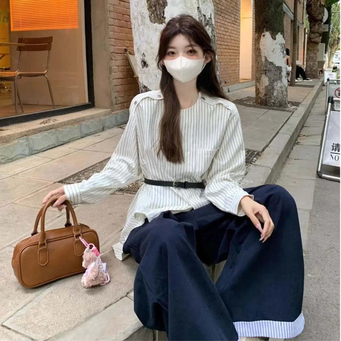 Korean Style Fashion Casual Original Design Striped Off Shoulder Long Sleeved Shirt Autumn New Elegant Loose Popular Women\'s Top