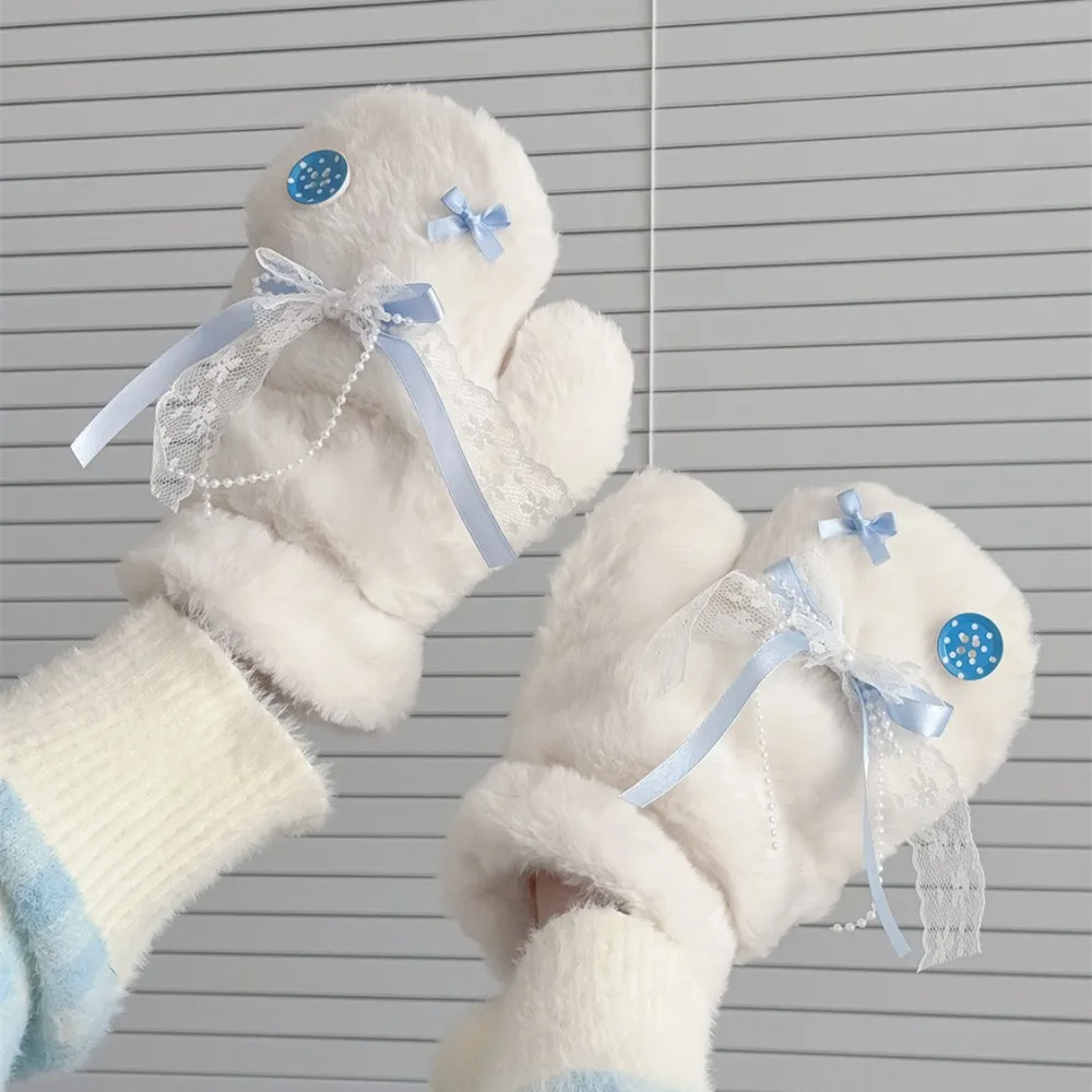 Korean Ice Blue Bow Button Mittens for Girls White Color Winter Warm Neck Strap Fax Fur Plush Mittens Cute Outdoor Cold Weather