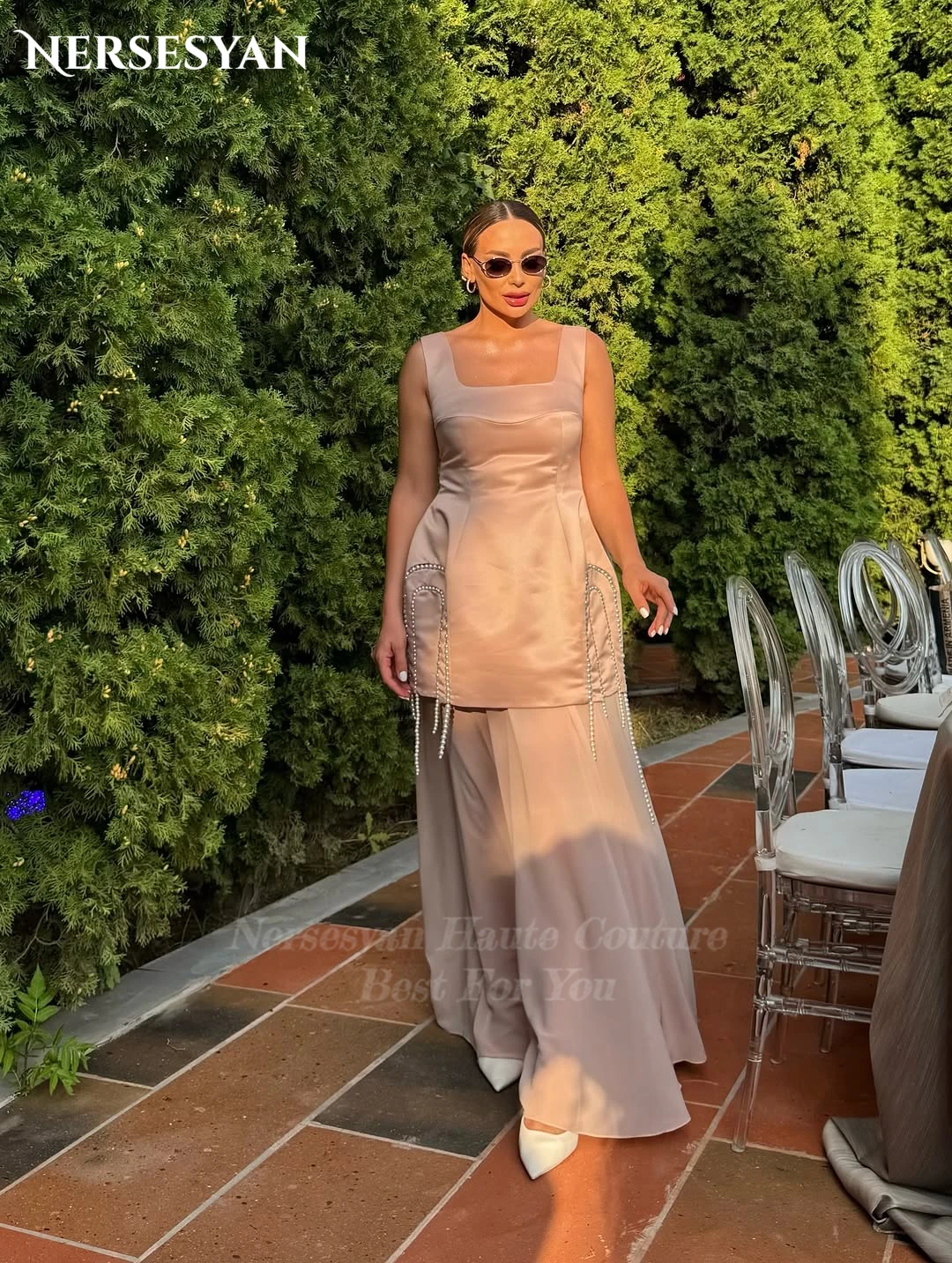 Nersesyan Blush rose robes de bal élégantes col carré perles Satin robe de soirée formelle Illusion robes de fête d'invité personnalisé