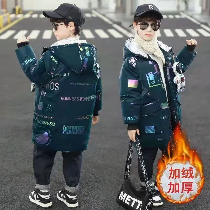 Boys Padded Long Jackets -30℃ Winter Kids Print Mid-Length Warm Coat Cold Protection Hooded Cotton Parka Outerwear 5-12 Years