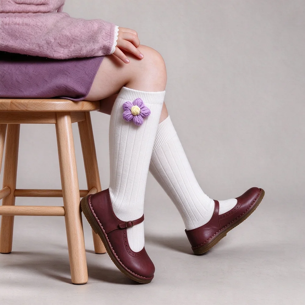 New Autumn Winter Kids Girls Long Socks 3D Flower BreathableToddlers Baby Cotton Sock Ribbed Children 3/4 Knee High Sock Uniform