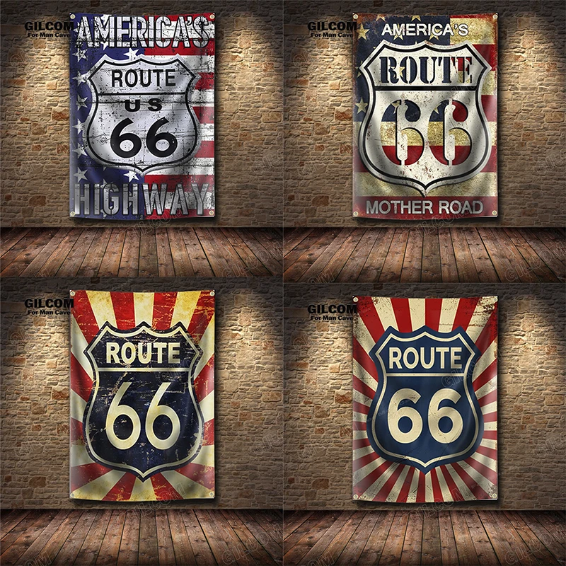 America's Route 66 US Mother Road  Retro Banner Flag Poster Wall Art Decoration AD Vintage Sign  Man Cave Garage Pub Club Bar