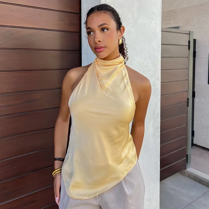 

Backless Halter Tanks Top For Women Fashion Satin Sleeveless Sext Vest Elegant Club Party Camis Solid Slim Summer New