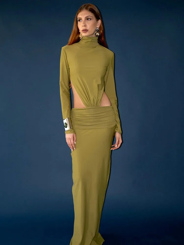 Chaxiaoa Rückenfreies Langarm-Sexy-Maxikleid für Damen, ausgeschnitten, Patchwork, Rollkragen, gerüscht, figurbetont, Club-Party, langes Kleid