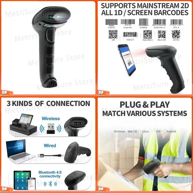 Handheld Wireless 2D Barcode Scanner USB QR Code Reader Bluetooth Compatible for Retail Store Inventory Management POS System