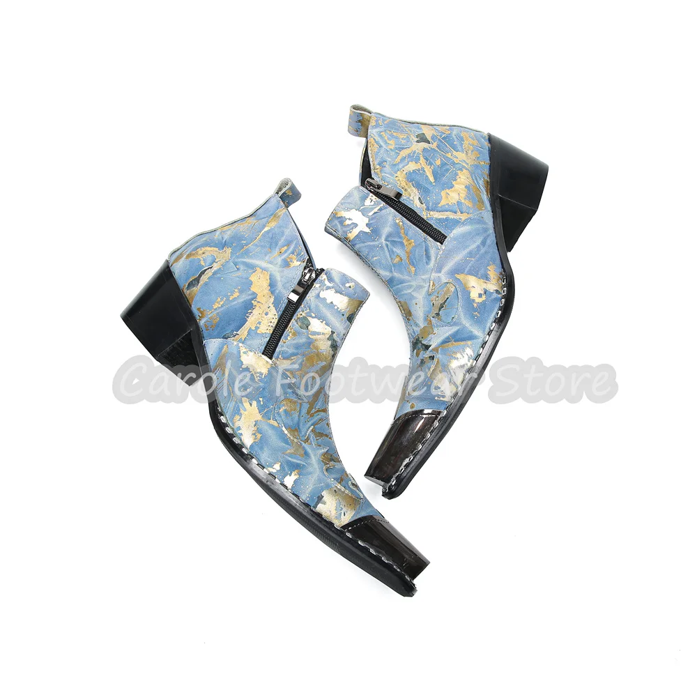 Luxury Gold Foil Print Male Genuine Leather Short Boots Metal Pointed Toe Side Zipper Western Cowboy Boots Wedding Daily Shoes view 5