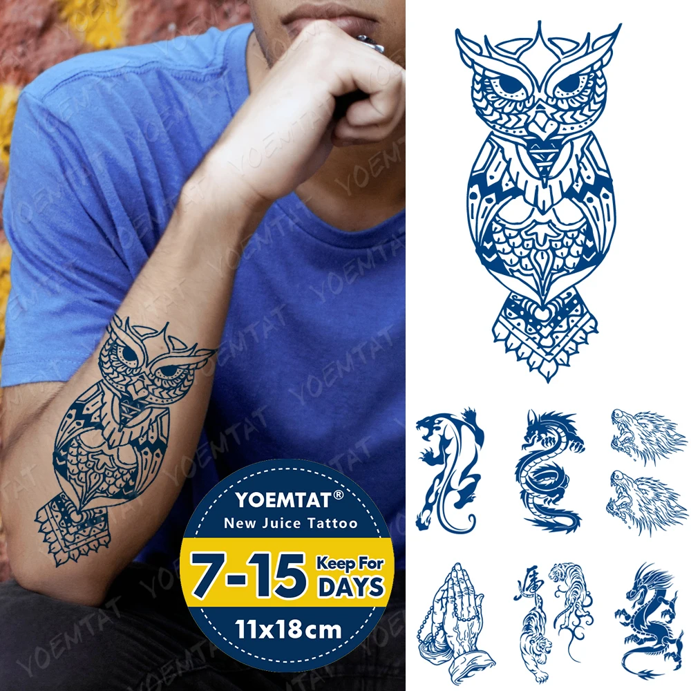 

Blue Lasting Ink Juice Waterproof Temporary Tattoos Sticker Owl Dragon Tiger Hand Animal Body Art Flash Fake Tattoo Men Women