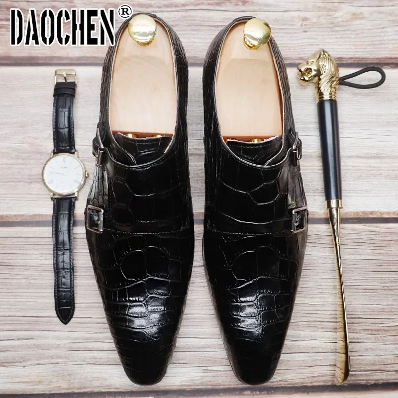 Luxury Men Shoes Black Brown Buckle Strap Loafers Genuine Leather Mens Dress Wedding Office Business Monk Shoes For Men