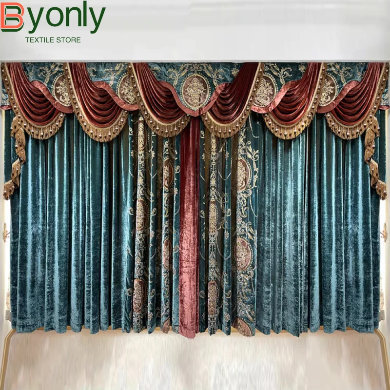 Custom European Luxury American Palace Retro Villa High-end Customized Velvet Dark Green Curtains for Living Dining Room Bedroom