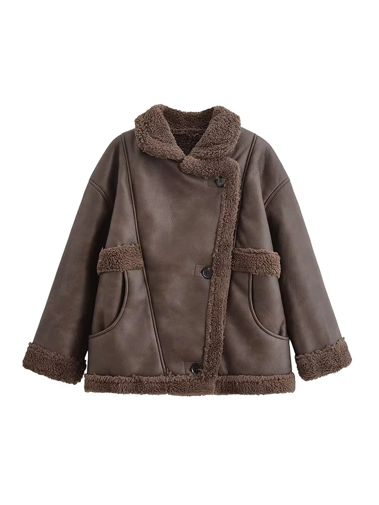 Estilo europeu novo feminino elegante e versátil elegante casual cor sólida lapela único breasted shearling casaco