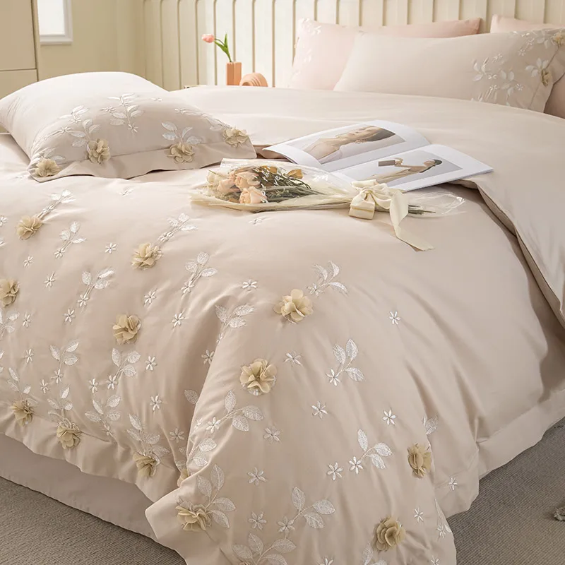 Three-dimensional Lace Flowers Bedding Set Luxury Egyptian Cotton Embroidery Duvet Cover Bed Sheet Pillowcases Queen King Size