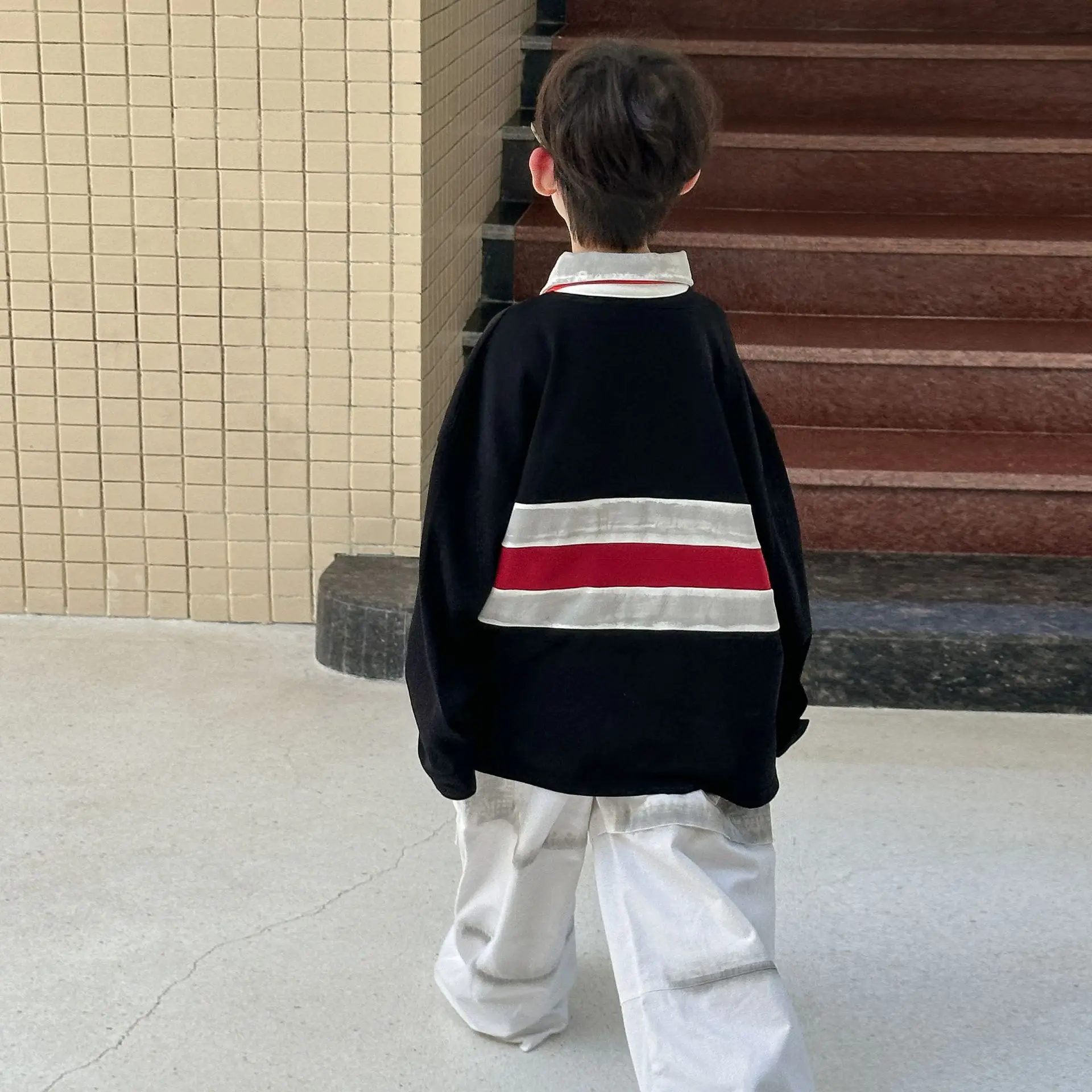 Jungen Spleißen Gestreiften Polo-Shirt Pullover 2025, Herbst Neue Amerikanische Retro Kinder Top Frühling und Herbst Kinder der Kleidung