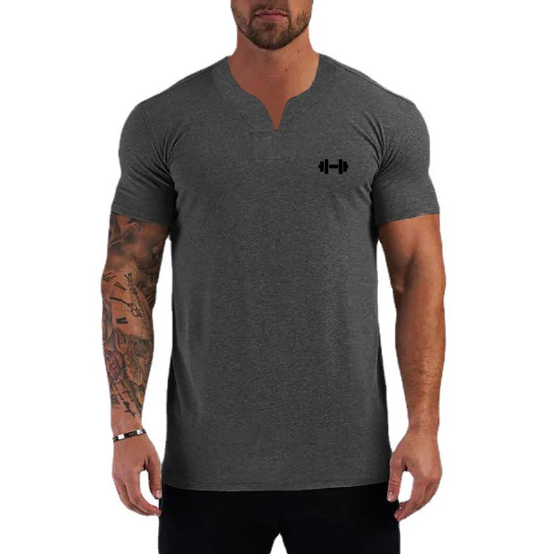Palestra Fitness Corsa Scollo a V Manica corta Abbigliamento Estate Cotone Bodybuilding Camicie sportive Uomo Allenamento Muscolare T-shirt traspiranti